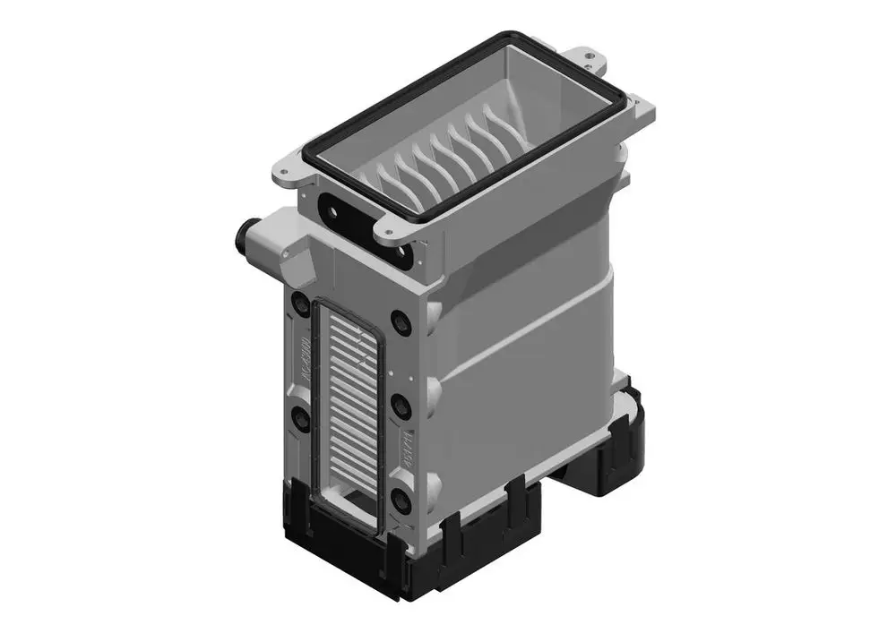 Wärmetauscher von Bosch mit einem kompakten Design, funktionellem Gehäuse und Anschlussmöglichkeiten an den Seiten.